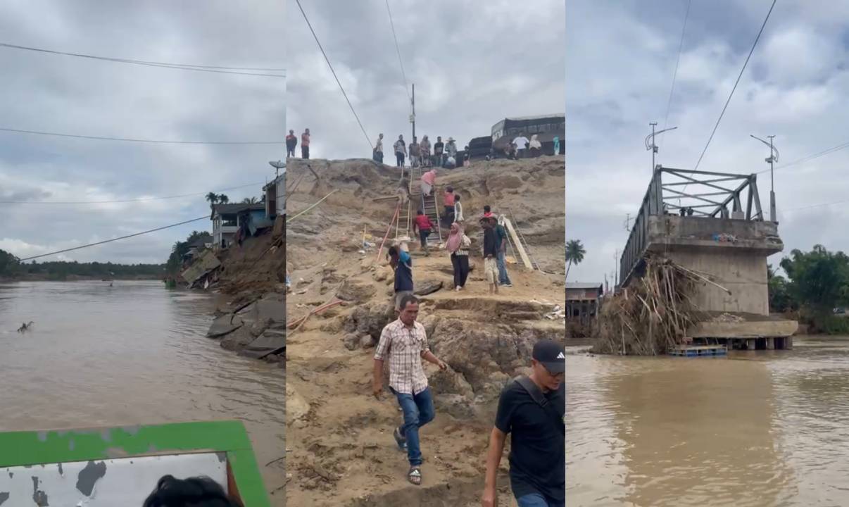 Update jembatan putus Kutablang: warga terpaksa menyeberang dengan perahu seadanya karena akses utama terputus. Mobilitas dan distribusi logistik masih terganggu.
