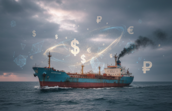 Ilustrasi blokade ekonomi, kapal tanker minyak berbendera Kuba yang berlayar di laut lepas, dikelilingi oleh simbol-simbol mata uang yang menunjukkan tekanan ekonomi dari kebijakan tarif baru.