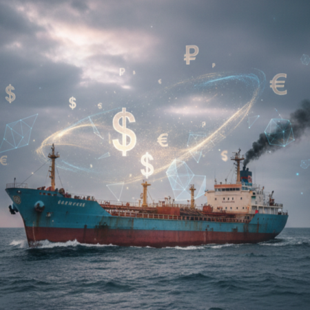 Ilustrasi blokade ekonomi, kapal tanker minyak berbendera Kuba yang berlayar di laut lepas, dikelilingi oleh simbol-simbol mata uang yang menunjukkan tekanan ekonomi dari kebijakan tarif baru.