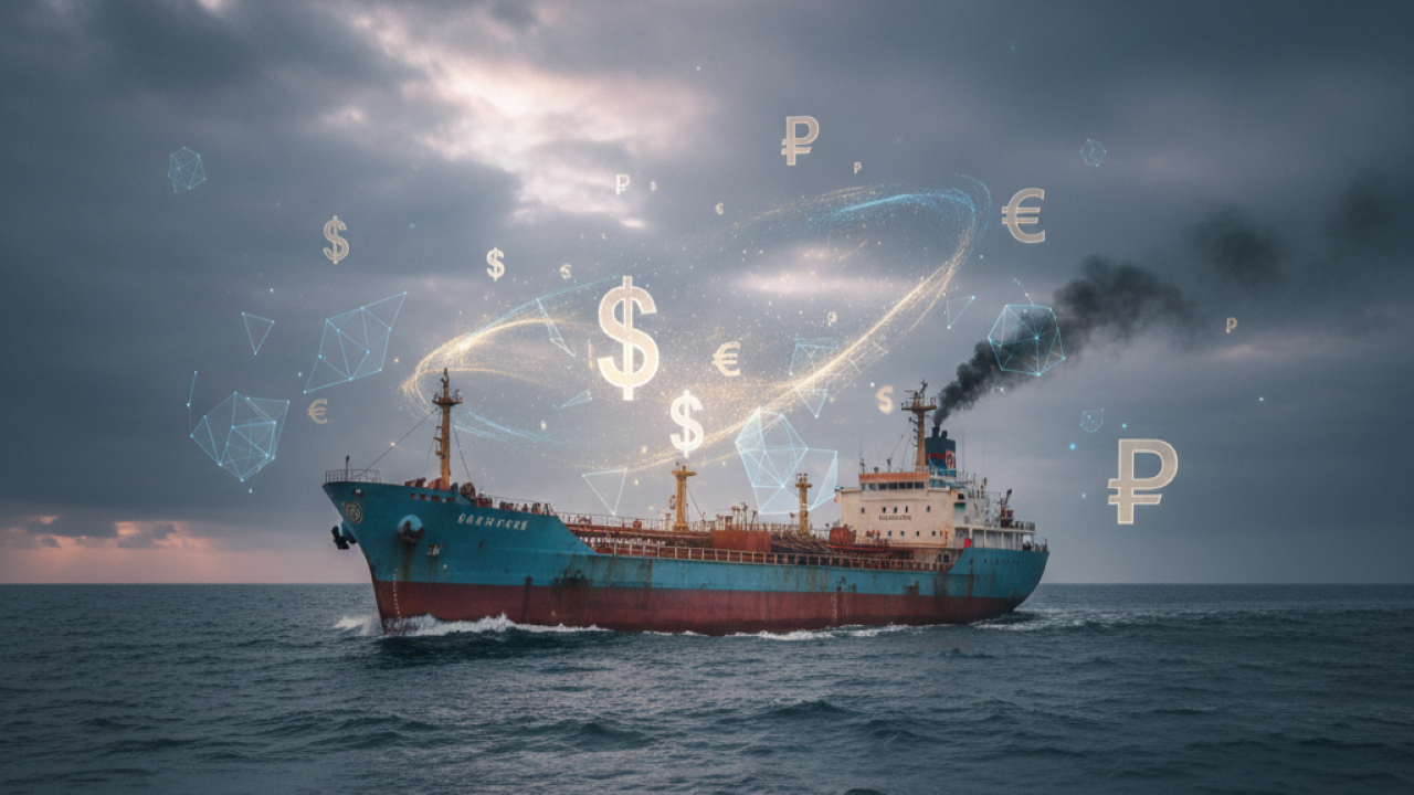 Ilustrasi blokade ekonomi, kapal tanker minyak berbendera Kuba yang berlayar di laut lepas, dikelilingi oleh simbol-simbol mata uang yang menunjukkan tekanan ekonomi dari kebijakan tarif baru.