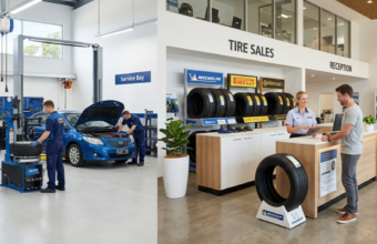 Ilustrasi suasana bengkel modern dan ruang penjualan, mencerminkan lingkungan kerja yang dinamis di Sumber Ban Group Palembang.