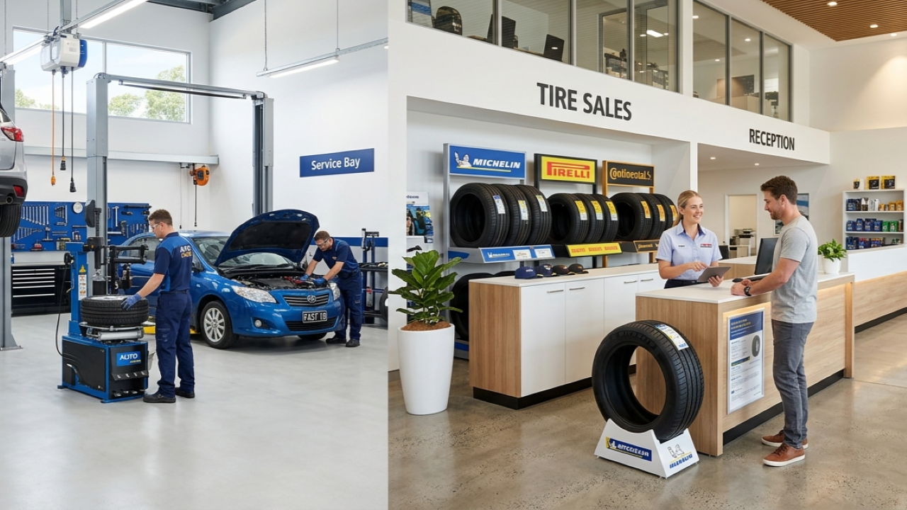 Ilustrasi suasana bengkel modern dan ruang penjualan, mencerminkan lingkungan kerja yang dinamis di Sumber Ban Group Palembang.