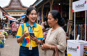 Tim penjualan Indosat Ooredoo Hutchison berinteraksi dengan pelanggan, menunjukkan komitmen dalam menyediakan solusi digital terbaik di lapangan