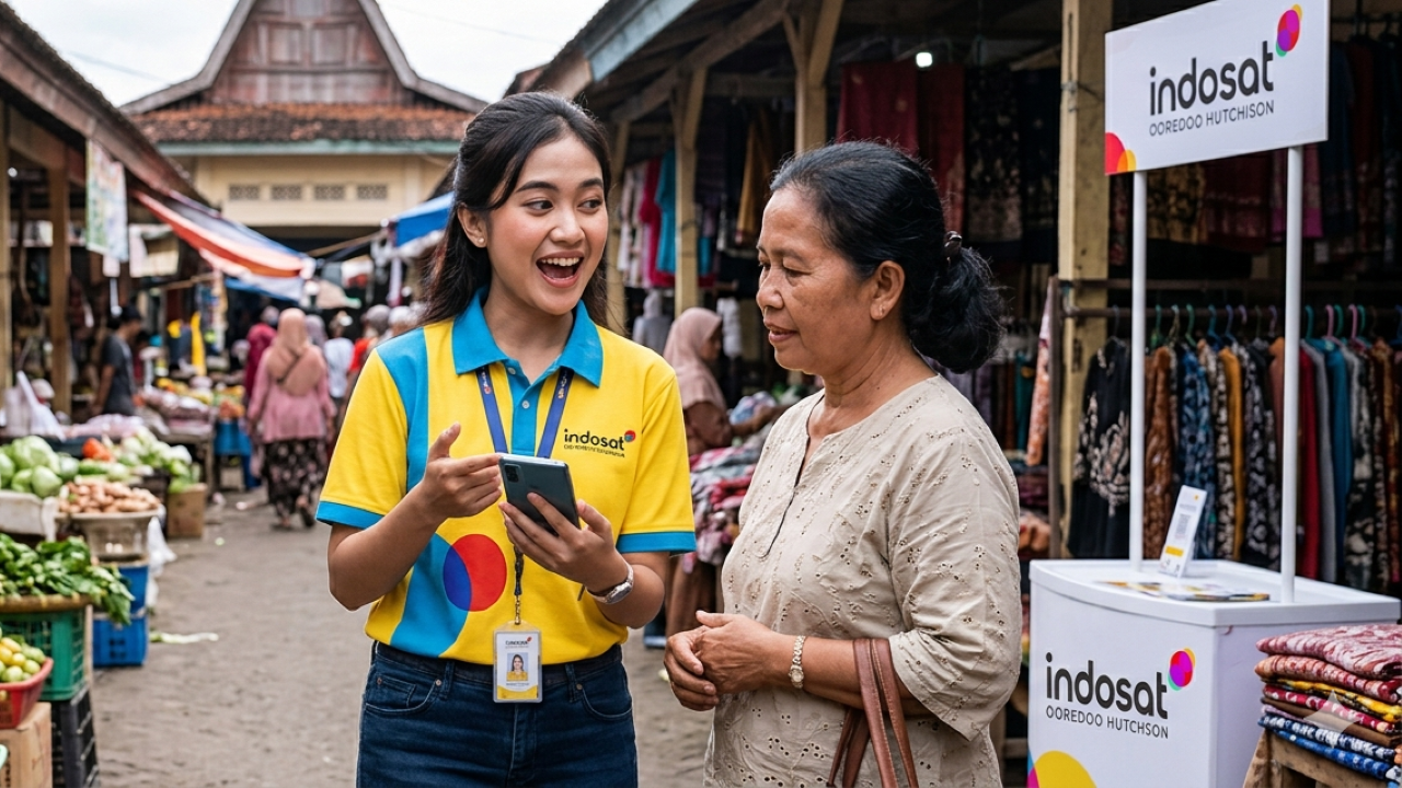 Tim penjualan Indosat Ooredoo Hutchison berinteraksi dengan pelanggan, menunjukkan komitmen dalam menyediakan solusi digital terbaik di lapangan